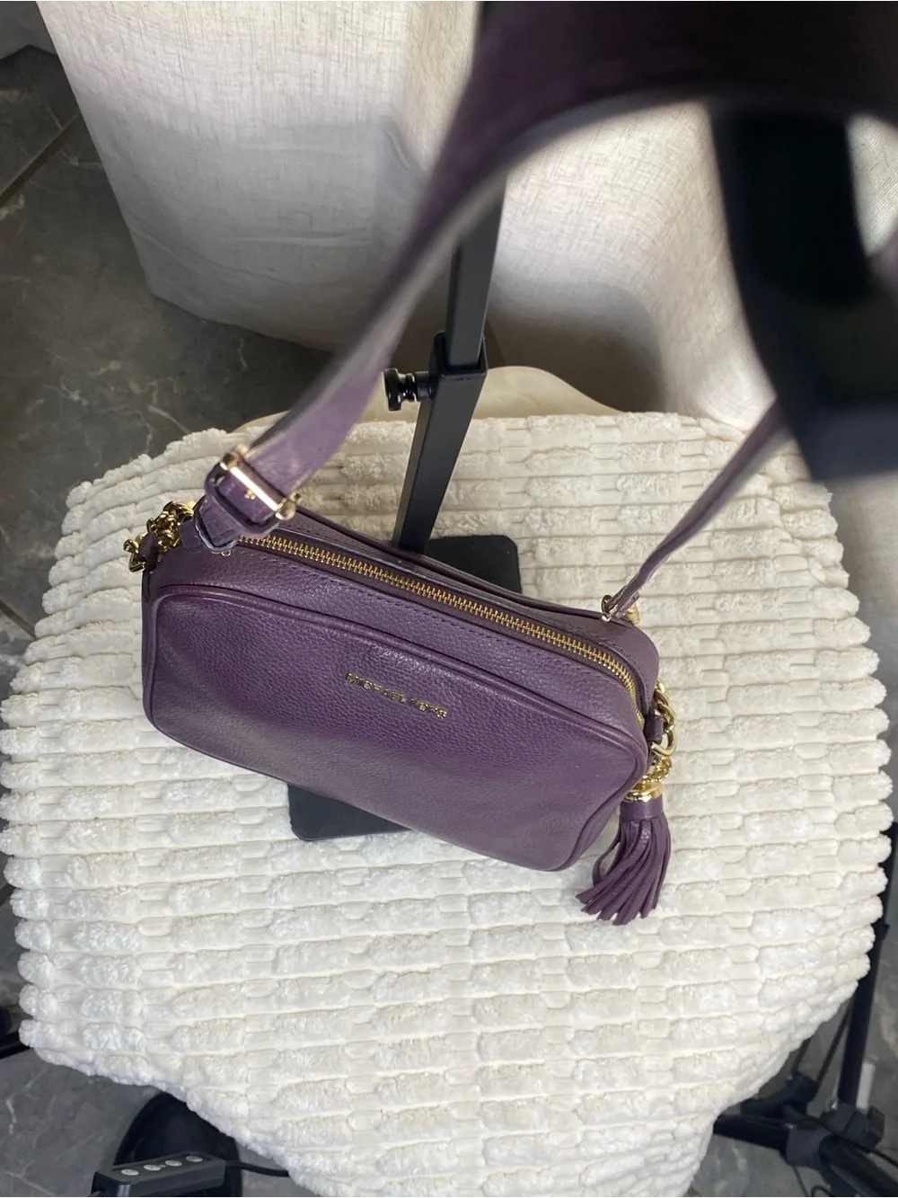 Michael Kors Ginny Camera Bag Plum Purple Pebbled Leather Crossbody Purse Tassel